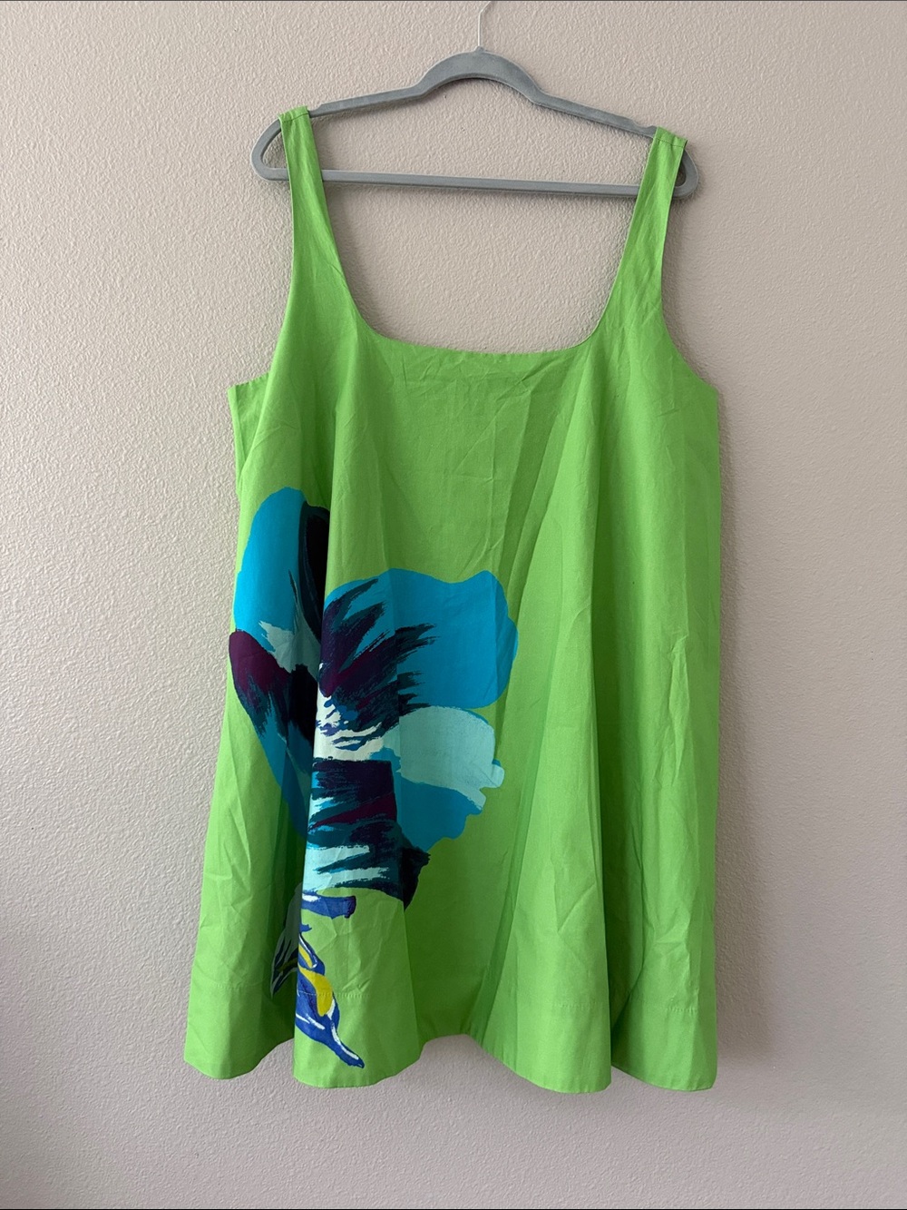 Anthropologie Lime Green Floral Mini Dress with Blue Accent